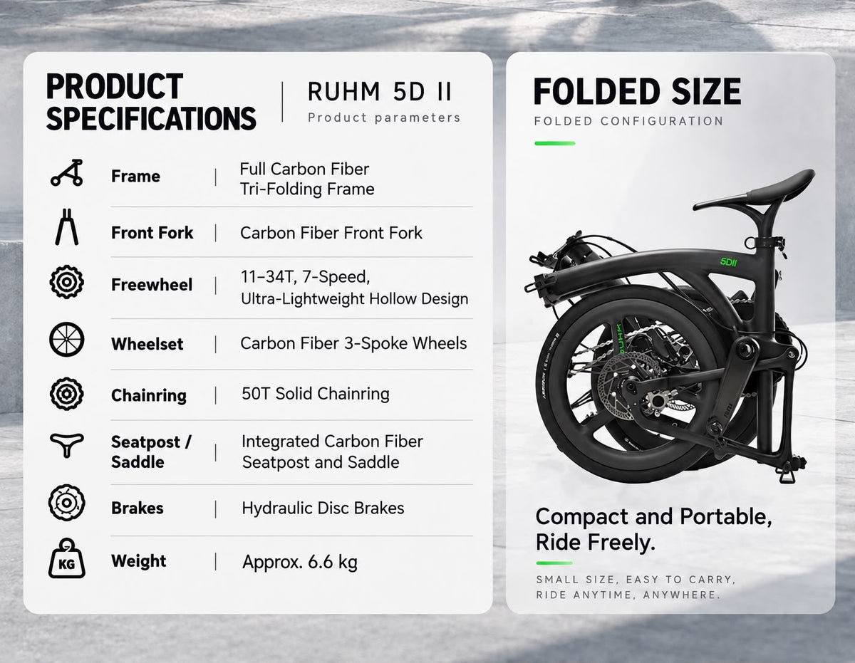 RUHM 5D II ultralight Carbon fiber trifold bike 6.6kg 7speed 16” wheels hydraulic disc brake